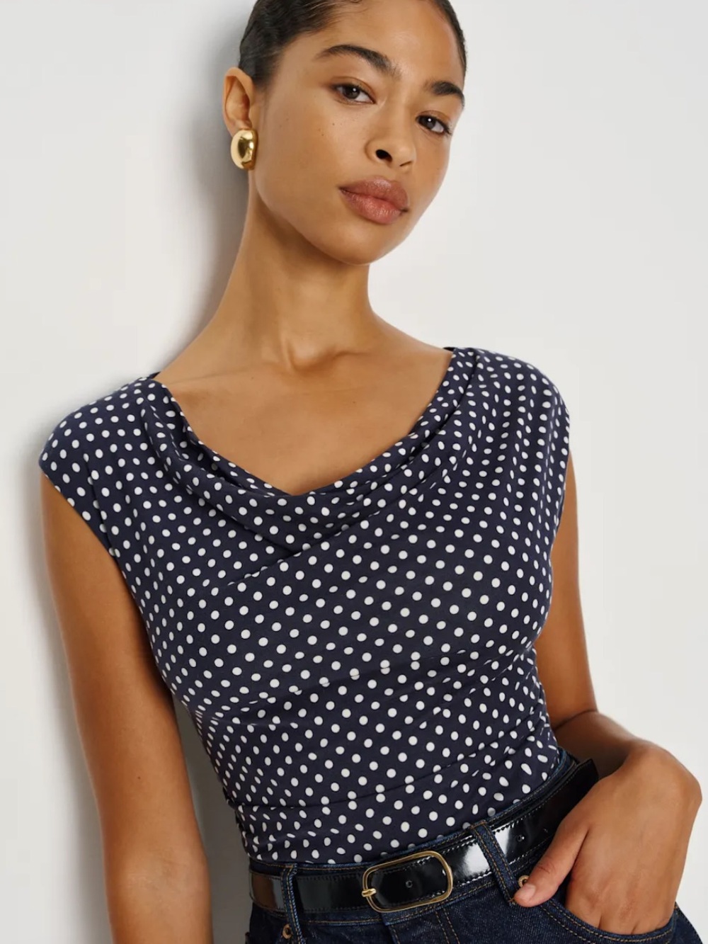 Reformation Aletta Knit Navy & White Polka Dot Top - Size Medium